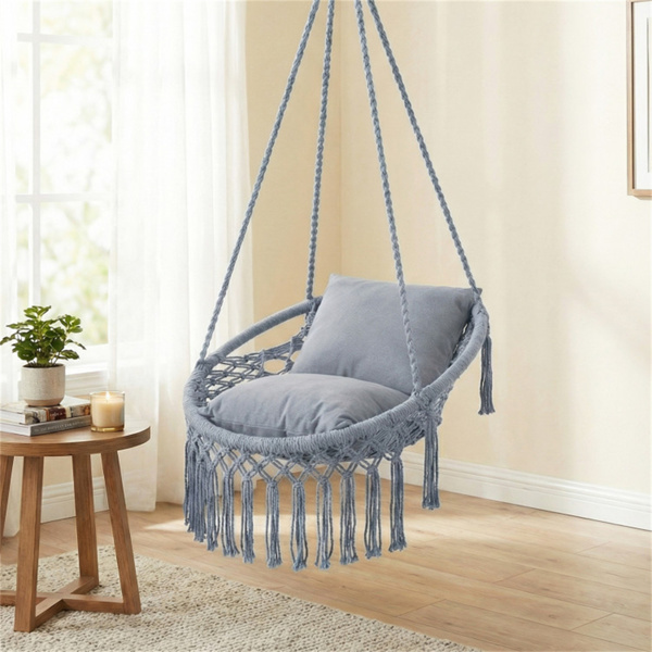 波西米亚流苏结 秋千带2个软垫的悬挂秋千椅，可容纳330磅的吊床椅，适用于室内室外卧室露台阳台-灰色-4