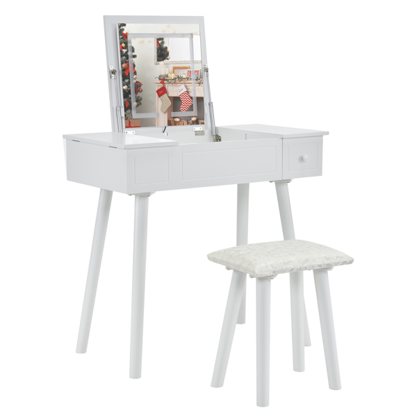 白色 密度板 梳妆桌套装 翻盖LED三色调光镜 欧式-4