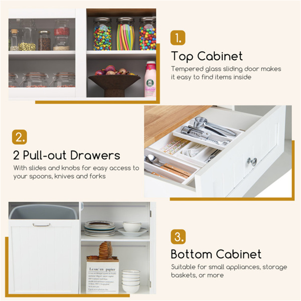 68英寸倾斜式垃圾箱，带隐藏式垃圾桶和多个储物隔间，白色和天然木材-6