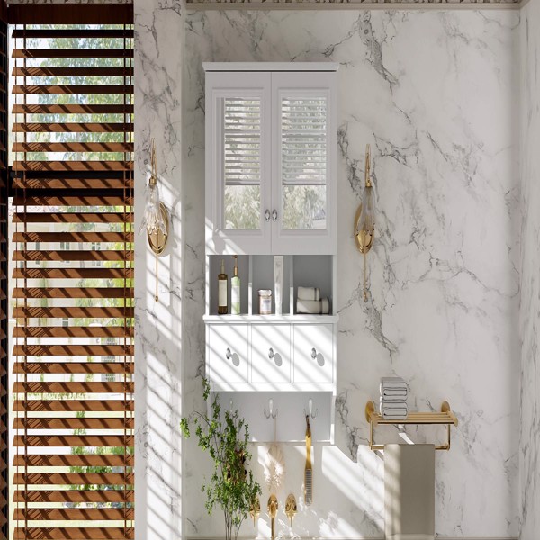 四合一浴室镜柜，24英寸壁挂式药柜，带抽屉和收纳挂钩，高清镜面，带浴室梳妆台储物空间--不支持self-pick up且不支持指定仓库发货-13