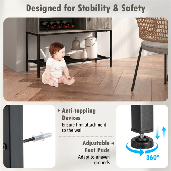 带2个交流插座和2个USB端口的乡村棕色侧板，带酒架的充电自助餐柜-灰色-6