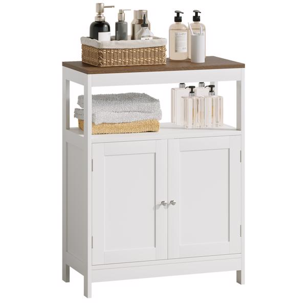 现代双门储物柜，独立式浴室柜，带可调节层板和天然木质台面，多功能收纳柜，适用于厨房、客厅、浴室或玄关 – 白色(不支持self-pick up且不支持指定仓库发货)-14
