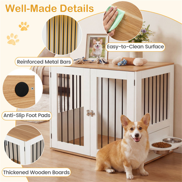 家具式狗笼，带360°旋转喂食器和304不锈钢碗，双锁室内狗舍-10