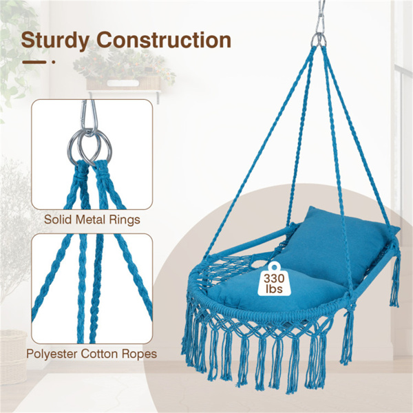 波西米亚流苏结 秋千带2个软垫的悬挂秋千椅，可容纳330磅的吊床椅，适用于室内室外卧室露台阳台-海军蓝-7