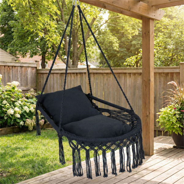 波西米亚流苏结 秋千带2个软垫的悬挂秋千椅，可容纳330磅的吊床椅，适用于室内室外卧室露台阳台-黑色-3