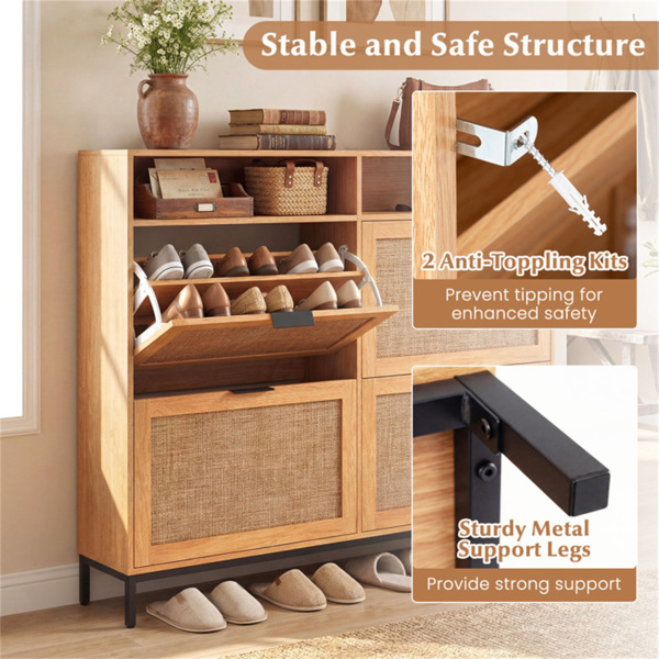 波西米亚风格鞋柜，带4个翻转抽屉和开放式架子，入口独立式鞋柜-棕色-10