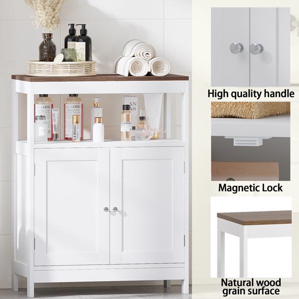 现代双门储物柜，独立式浴室柜，带可调节层板和天然木质台面，多功能收纳柜，适用于厨房、客厅、浴室或玄关 – 白色(不支持self-pick up且不支持指定仓库发货)-20