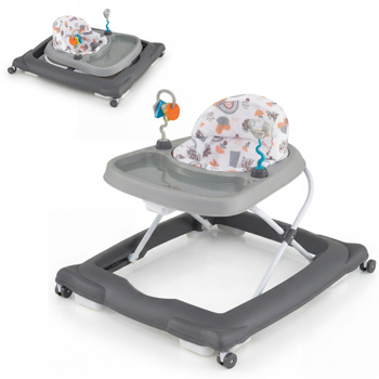 灰色可折叠婴儿学步车，带可拆卸托盘和形状分类玩具，3层高度可调，适用于6-12个月大的婴儿