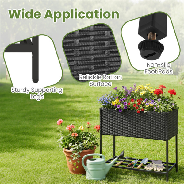 28英寸高架花盆箱，带储物架，符合人体工程学的花园床，用于露台阳台香草蔬菜 - 黑色-9