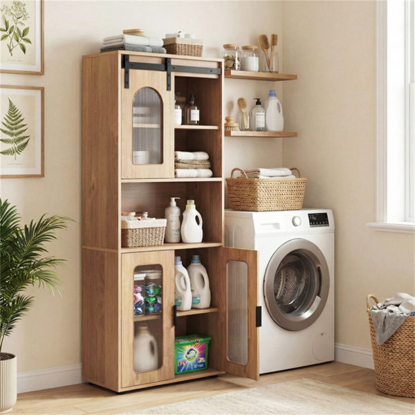 59英寸独立式储物柜，带滑动门和可调节支脚，适用于浴室客厅的现代落地式橱柜-3