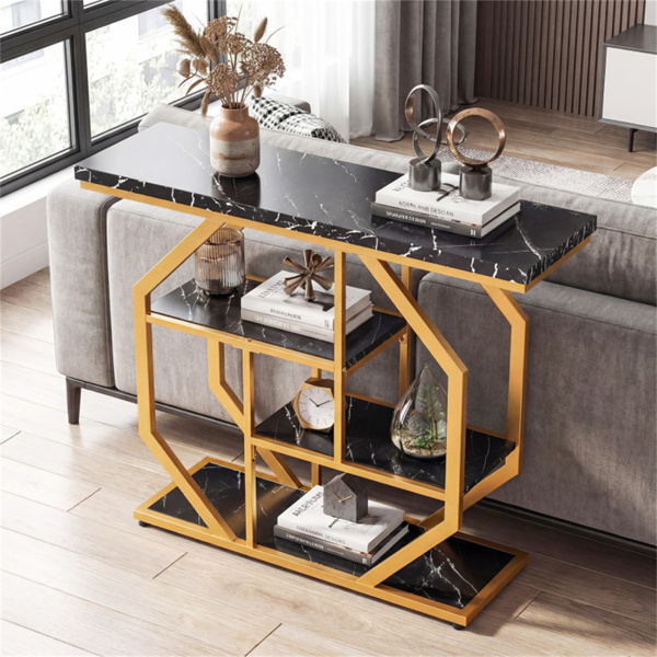 39.5英寸现代沙发桌，带4层储物空间，黑色和金色控制台桌，带人造大理石台面，用于客厅入口-10