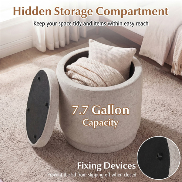 7.7加仑圆形储物奥斯曼脚凳，带相思木框架，400磅承重脚凳 - 米色-9