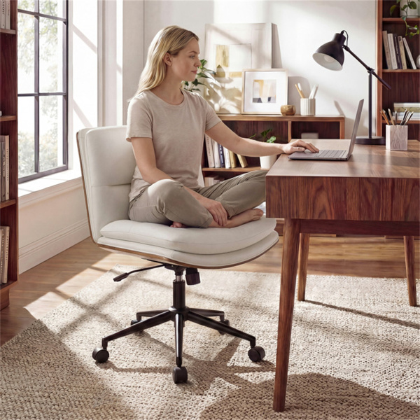 白色无扶手办公椅，弧形靠背和宽座椅，360°旋转和摇动功能​-2