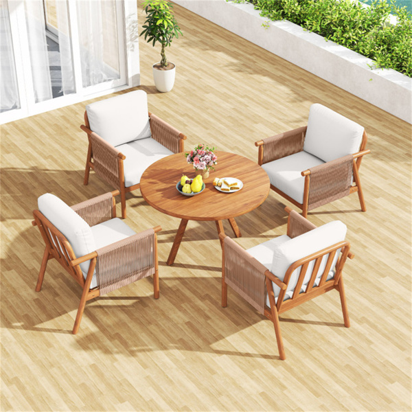 白色波西米亚庭院相思木椅，带编织绳扶手，门廊阳台用软垫户外装饰椅-4