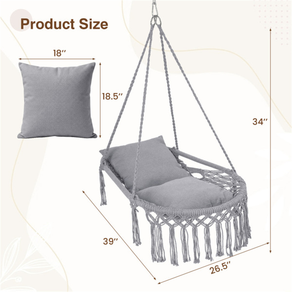 波西米亚流苏结 秋千带2个软垫的悬挂秋千椅，可容纳330磅的吊床椅，适用于室内室外卧室露台阳台-灰色-6
