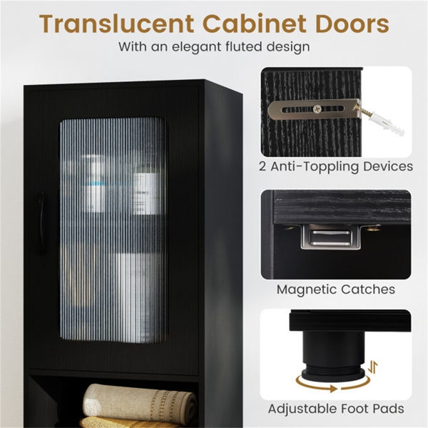 67英寸高瘦浴室储物柜，带槽门，可调节架子，独立式窄收纳架 - 黑色-10