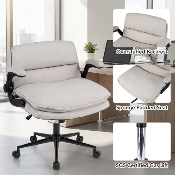 带翻转扶手的Criss十字椅，带可调节高度和摇摆功能的人造皮革交叉腿办公椅-米色-7