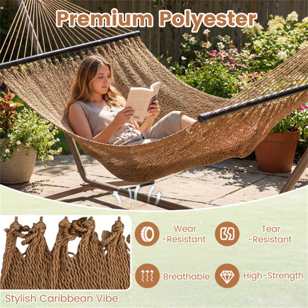 2人聚酯加勒比吊床，带硬木撑杆，可承重600磅，露台花园双人吊-卡其色-3