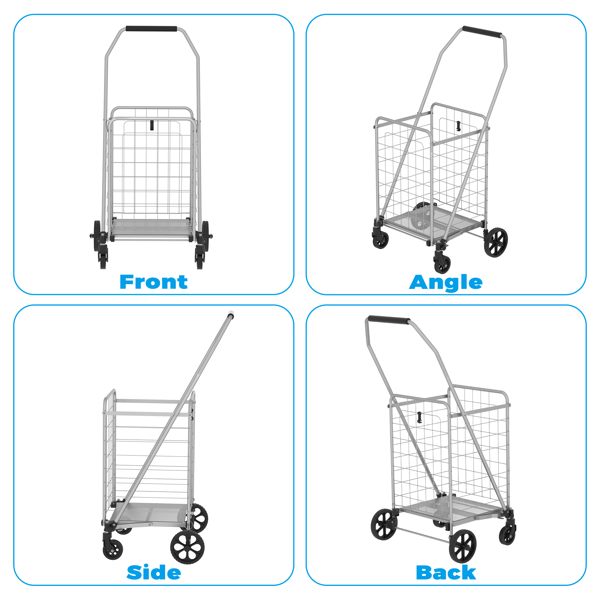 带置物架购物推车，带轮杂货手推车——双篮可折叠多功能购物推车，配备360°旋转滚轮，适用于购物及洗衣搬运（灰色）--不支持self-pick up且不支持指定仓库发货-10