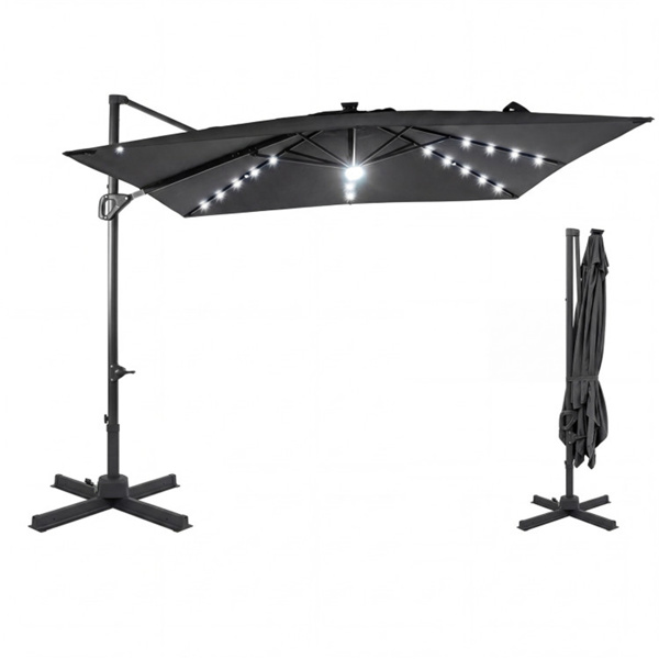 10x10英尺灰色太阳能LED悬臂式露台伞360°旋转偏置带灯挂伞-3