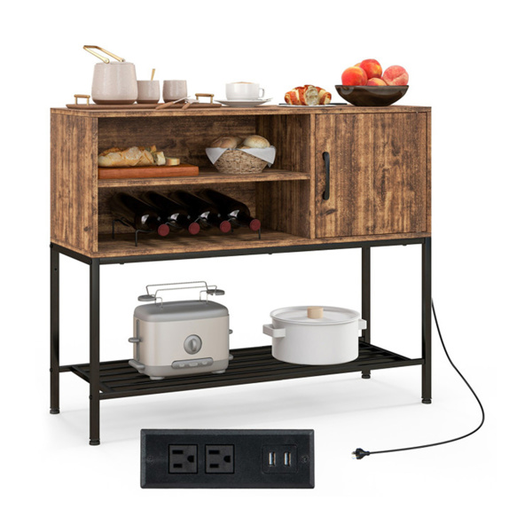 带2个交流插座和2个USB端口的乡村棕色侧板，带酒架的充电自助餐柜-棕色-1