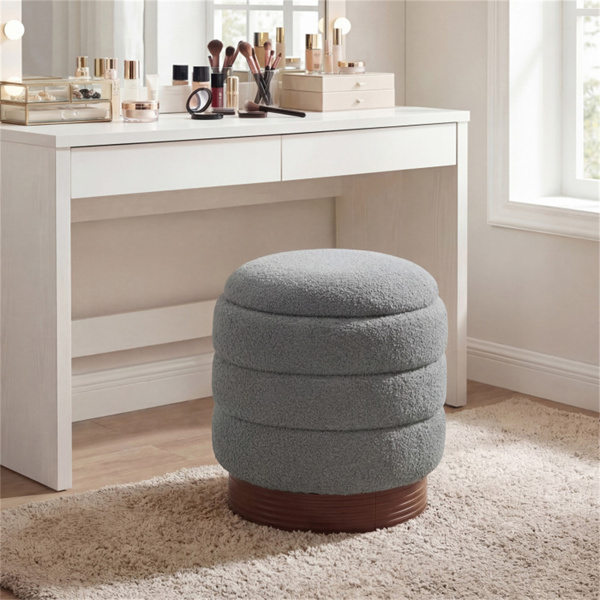 圆形旋转储物脚凳，带实木框架，无需组装，储物空间为5.5加仑-灰色-2