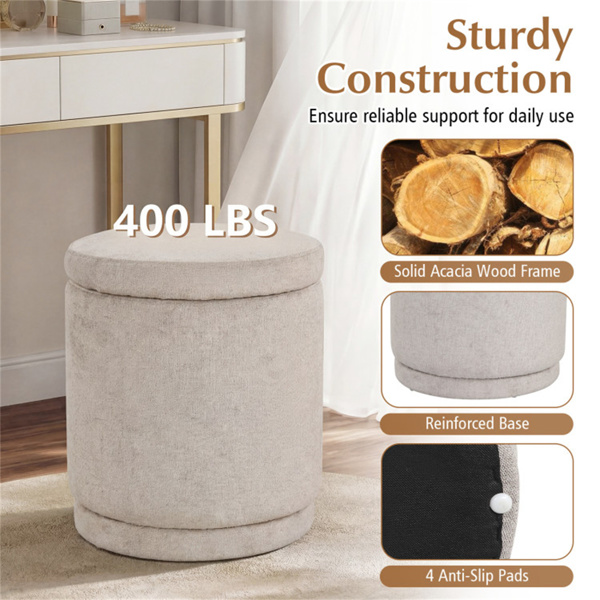 7.7加仑圆形储物奥斯曼脚凳，带相思木框架，400磅承重脚凳 - 米色-10