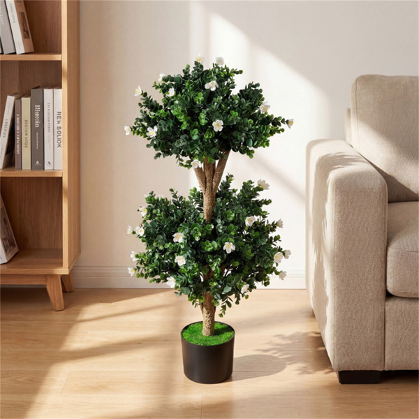 一套2棵36英寸的人造黄杨木花枝树，室内外人造植物-5