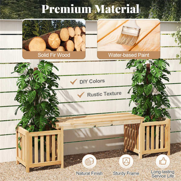 二合一木制花园长椅，带2个花盆箱，庭院和草坪的冷杉木户外露台座椅-9