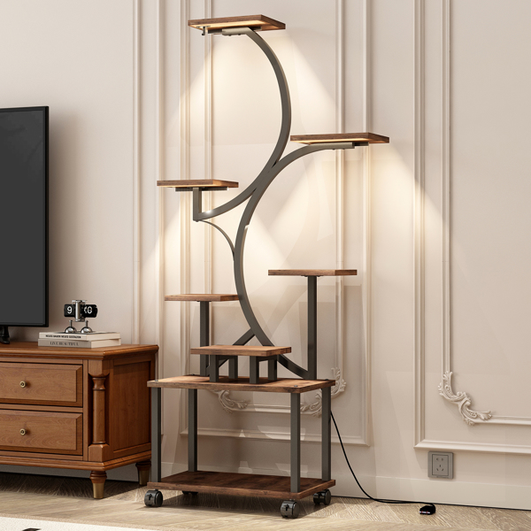 室内植物架带生长灯 - 62 英寸高植物架，带灯转角植物架，适用于室内种植，8 层大型花卉架，S 形装饰架，适用于客厅（胡桃木色）--不支持self-pick up且不支持指定仓库发货-9