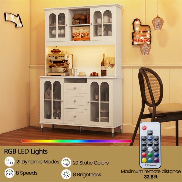 73英寸白色厨房餐具柜，带可定制的LED灯和内置充电站（USB/Type-C/AC插座）-10