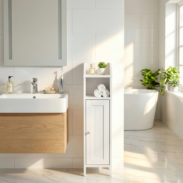 白色 刨花板三胺贴面+密度板喷漆竖纹 20*20*80cm 一门一搁架一围挡 浴室立柜-2