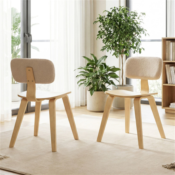 一套2把餐椅（米色与自然色），泰迪天鹅绒内饰和毛绒衬垫设计-2