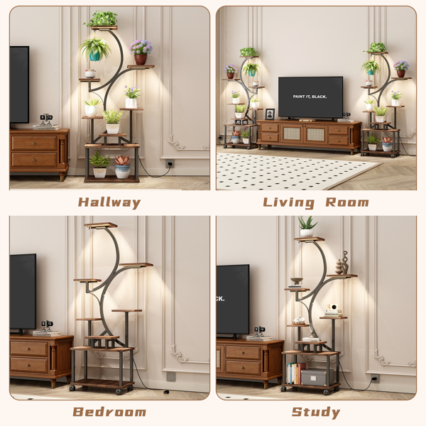 室内植物架带生长灯 - 62 英寸高植物架，带灯转角植物架，适用于室内种植，8 层大型花卉架，S 形装饰架，适用于客厅（胡桃木色）--不支持self-pick up且不支持指定仓库发货-16