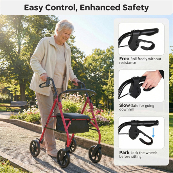 带座椅的二合一滚轮助行器（红色），8英寸大车轮和多功能制动系统，高度可调-8