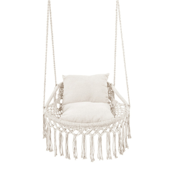 波西米亚流苏结 秋千带2个软垫的悬挂秋千椅，可容纳330磅的吊床椅，适用于室内室外卧室露台阳台-米色-6