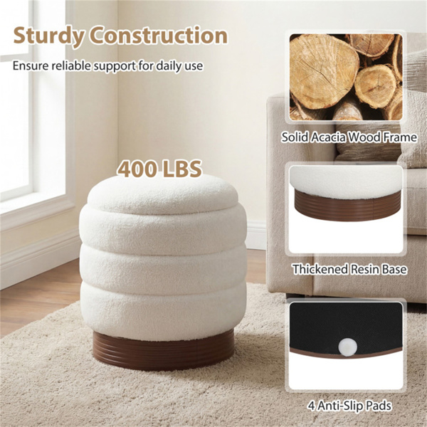 圆形旋转储物脚凳，带实木框架，无需组装，储物空间为5.5加仑-白色-2