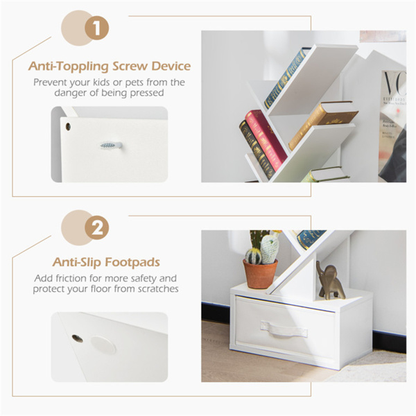 白色树形书架，10个开架和可折叠布料抽屉，节省空间的角落设计-7