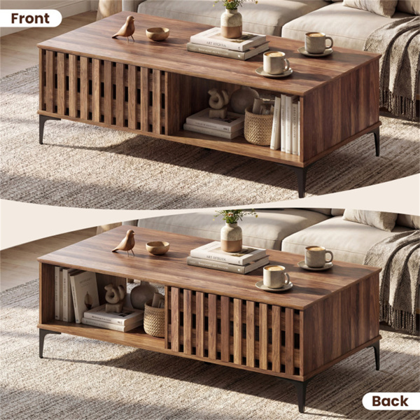 47英寸中世纪咖啡桌，带储物柜和开放式隔间，胡桃木外观装饰桌，带重型金属腿，适合客厅使用-10