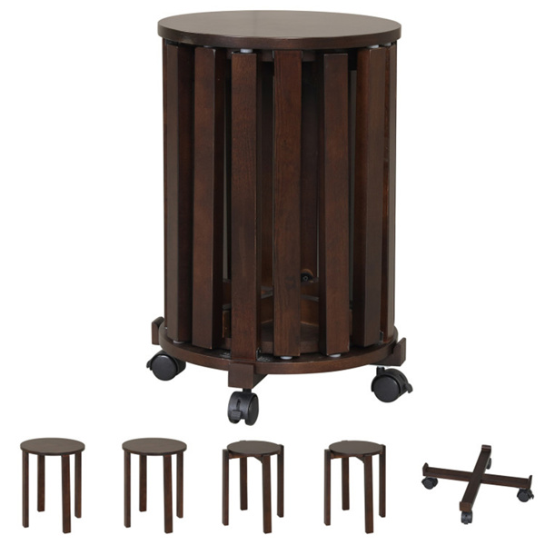 4件套可堆叠的嵌套凳，带可锁定的滚动底座，实心橡胶木餐凳，可额外就座-胡桃色-1