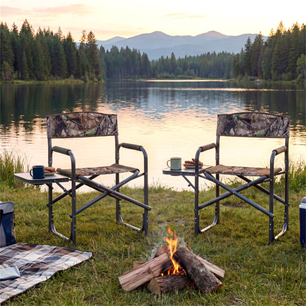 400LBS重型折叠露营椅，带边桌和杯架，户外带衬垫的董事椅-迷彩色-3