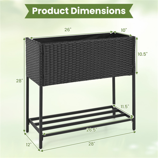 28英寸高架花盆箱，带储物架，符合人体工程学的花园床，用于露台阳台香草蔬菜 - 黑色-6