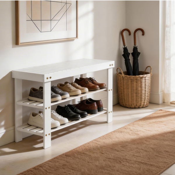 70cm长3层顶板无缝 竹制 70*28*45cm 鞋架 白色-10