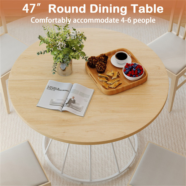 自然色47英寸圆形餐桌，适合4-6人家庭使用，沙漏金属底座和曲面桌面-11