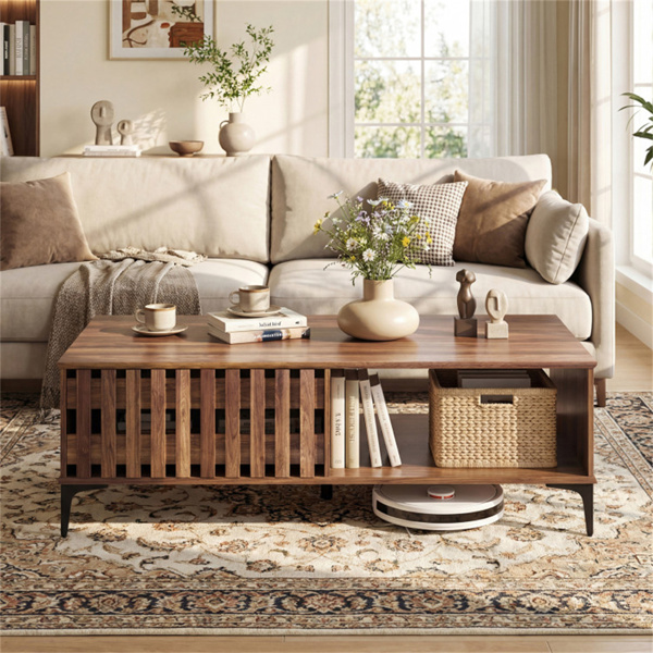 47英寸中世纪咖啡桌，带储物柜和开放式隔间，胡桃木外观装饰桌，带重型金属腿，适合客厅使用-4