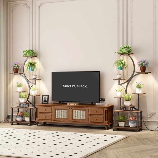 室内植物架带生长灯 - 62 英寸高植物架，带灯转角植物架，适用于室内种植，8 层大型花卉架，S 形装饰架，适用于客厅（胡桃木色）--不支持self-pick up且不支持指定仓库发货-13