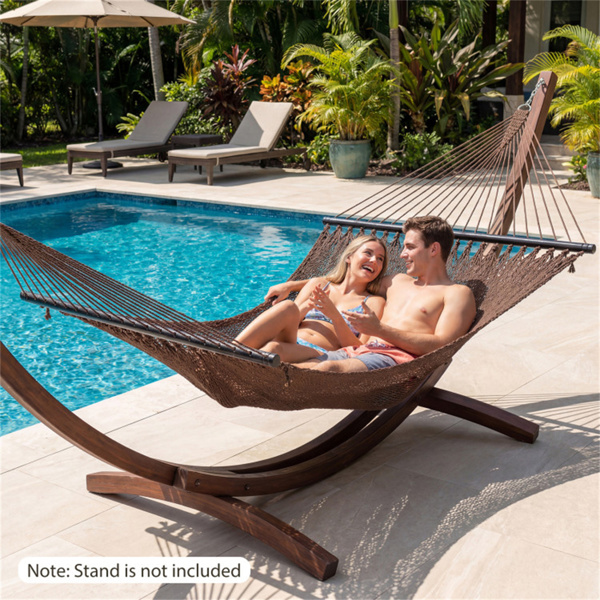 2人聚酯加勒比吊床，带硬木撑杆，可承重600磅，露台花园双人吊-棕色-11