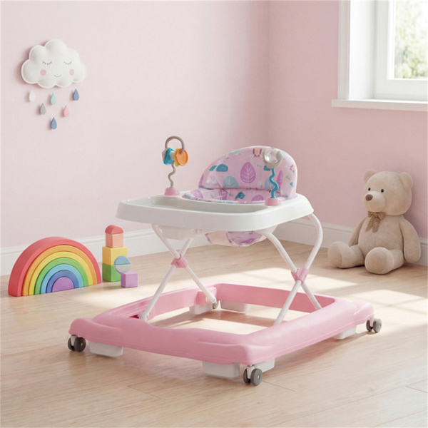 粉色可折叠婴儿学步车，带可拆卸托盘和形状分类玩具，3层高度可调，适用于6-12个月大的婴儿-3