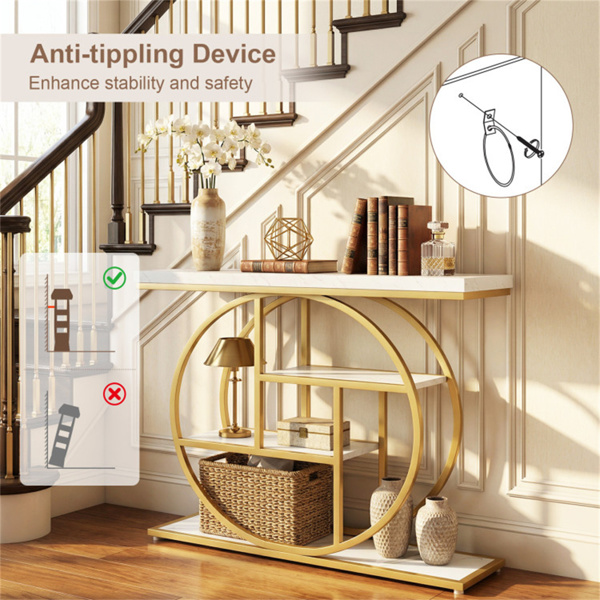 41英寸主控台，带3层开架，客厅走廊带O形金属框架的现代入口沙发桌 - 白色-11