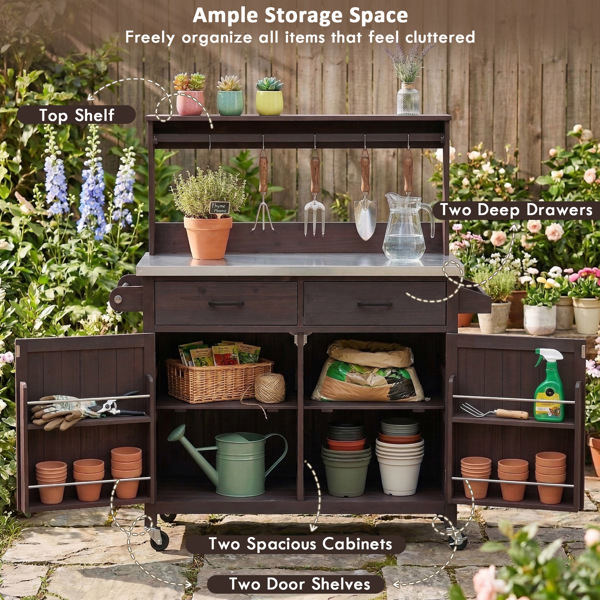54.1英寸户外厨房岛台，带高架置物架；大型户外园艺工作台，不锈钢台面，带储物柜；实木烧烤车，带可锁定轮子，适用于烧烤和花园，棕色-4